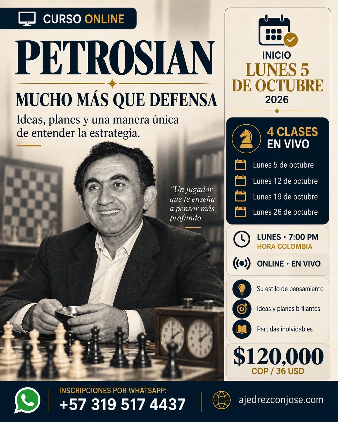 Póster del curso de ajedrez online Petrosian — Mucho más que defensa