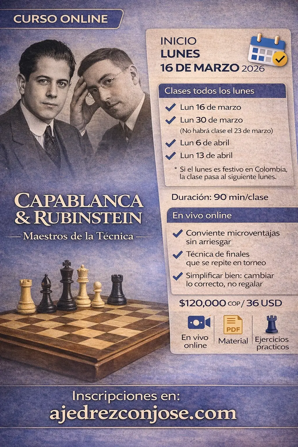 Póster del curso de ajedrez online Capablanca / Rubinstein — Ganar sin prisa (posicional)