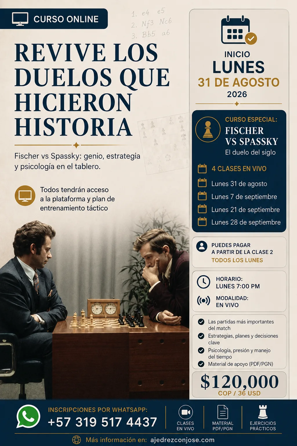 Curso de ajedrez online Fischer / Spassky — El Duelo del Siglo: conceptos que sí puedes usar