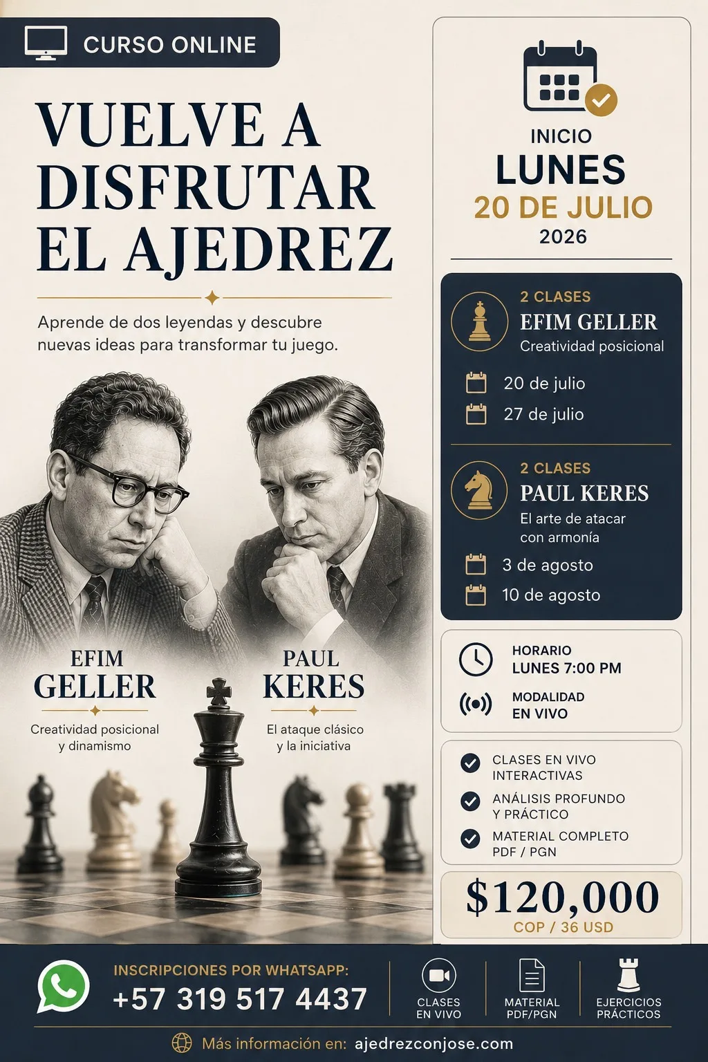 Póster del curso de ajedrez online Geller / Keres — Vuelve a disfrutar el ajedrez