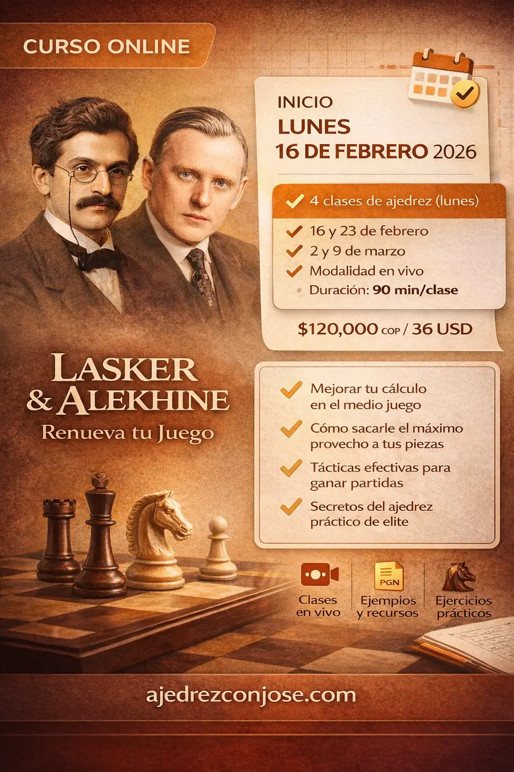 Curso de ajedrez online Lasker / Alekhine — Ajedrez práctico y psicológico