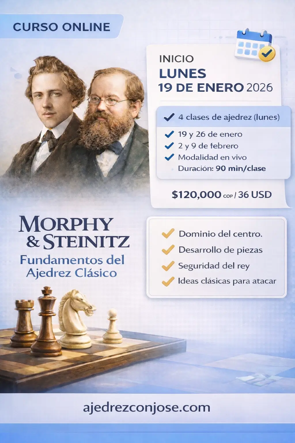 Póster del curso de ajedrez online Morphy / Steinitz — El nacimiento del juego clásico