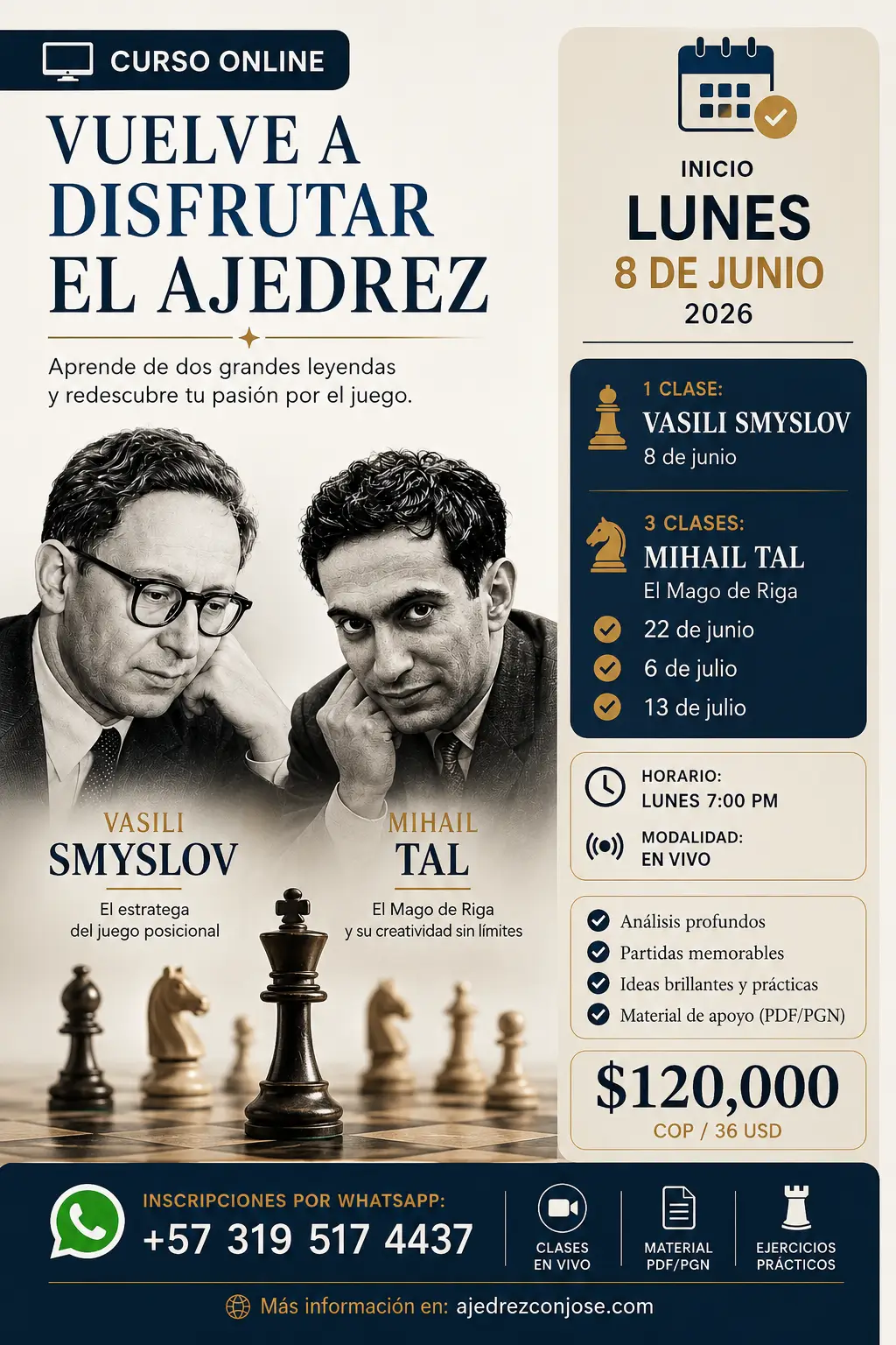 Póster del curso de ajedrez online Smyslov / Tal — Estrategia posicional y creatividad sin límites
